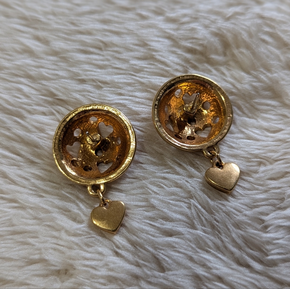 Vintage Goldtone Button with Heart Drop Accent Pierced Earrings - Picture 5 of 6